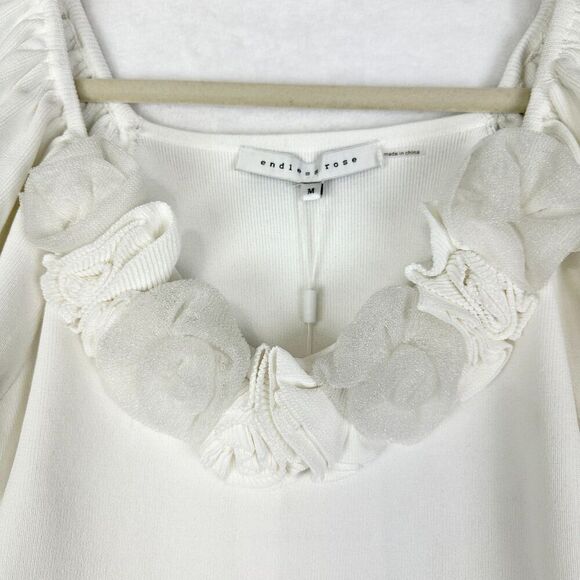 Endless Rose Mixed 3D Flower Knit Top Size Medium NEW White Fitted Scoop Neck - Picture 5 of 10